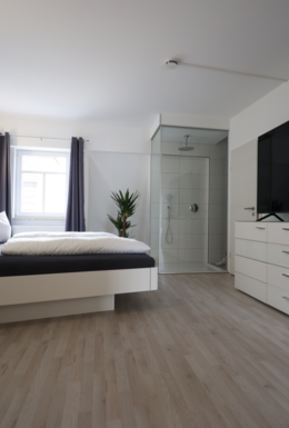 Helles Schlafzimmer mit modernem Doppelbett, Grünpflanze, Dusche und TV