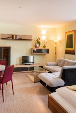 Innenaufnahme Zimmer mit Sofa, Tisch, Stühlen, TV, Doppelbett und Kleiderschrank