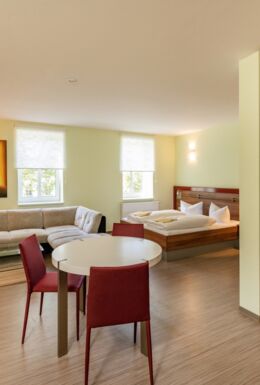 Innenaufnahme Zimmer mit Sofa, Tisch, Stühlen, TV, Doppelbett und Kleiderschrank