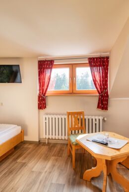 Innenaufnahme Zimmer mit Einzelbett und Sitzecke