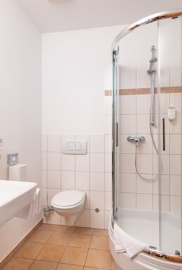 Innenaufnahme Zimmer mit Dusche, Waschbecken und Toilette