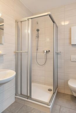 Innenaufnahme Zimmer mit Dusche, Waschbecken, Spiegel und Toilette